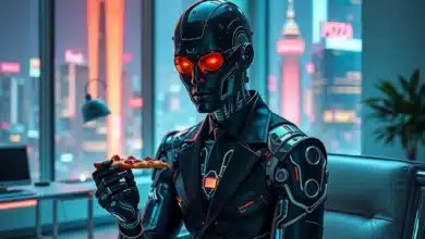 Un cyborg dagli occhi rossi tiene in mano un trancio di pizza