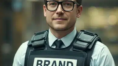 Giovane uomo in camicia e cravatta indossa un giubbotto antiproiettile con su scritta la parola Brand