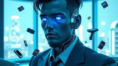 Un imprenditore cyborg in un ufficio dove fluttuano una serie di piccoli strumenti tecnologici futuristici illuminati di diversi colori e forme