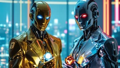 Due diversi imprenditori cyborg sulla trentina, elegantemente vestiti, uno con una pelle metallica impeccabile color oro e occhi blu neon brillanti, l'altro con una pelle impeccabile color argento e occhi rossi neon brillanti.