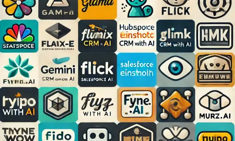 Collage con i loghi dei principali strumenti di intelligenza artificiale per piccole e medie imprese, tra cui ChatGPT, DALL-E, Llama, Gemini, Flick, Bitrix24, FlowiseAI, Copilot, AutomatiKing, Salesforce Einstein, HubSpot CRM con IA, Giz.ai, Ryne.ai, Tinywow.com, Napkin.ai, Murf.ai, Frase.io, Tidio, Adzooma, Pictory.