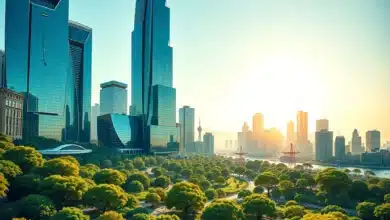 Un paesaggio futuristico che mescola elegantemente il concetto urbano a quello di una foresta rigogliosa.