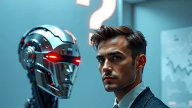 Giovane imprenditore in piedi di fronte a un cyborg e un grande punto interrogativo luminoso sospeso nell'aria tra loro