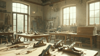 Un laboratorio di falegnameria artigianale pieno di utensili d'epoca per la lavorazione del legno e materiali grezzi sparsi su robusti banchi da lavoro.