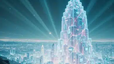 Una spettacolare fotografia paesaggistica che mostra un paesaggio urbano futuristico costruito da flussi di dati scintillanti e interconnessi.