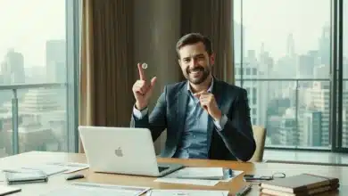 Imprenditore in ufficio moderno che lavora su una business idea, con documenti e grafici su un tavolo e una vista urbana sullo sfondo.