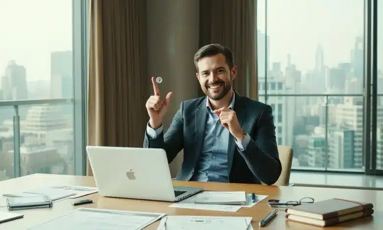 Imprenditore in ufficio moderno che lavora su una business idea, con documenti e grafici su un tavolo e una vista urbana sullo sfondo.