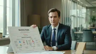 Manager in completo scuro mostra un documento con sopra disegnato un business model
