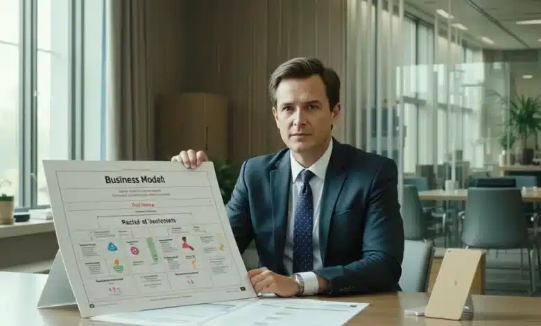 Manager in completo scuro mostra un documento con sopra disegnato un business model
