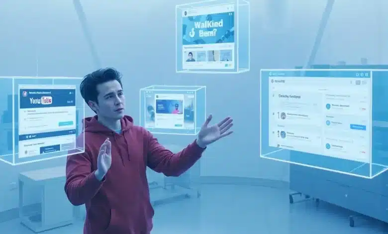 Giovane con una felpa rossa, che guida schermi fluttuanti futuristici e trasparenti con aggraziati gesti delle mani.