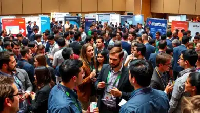 Una sala affollata durante un meet-up per startup con persone di diversi settori discutono animatamente e scambiano biglietti da visita.
