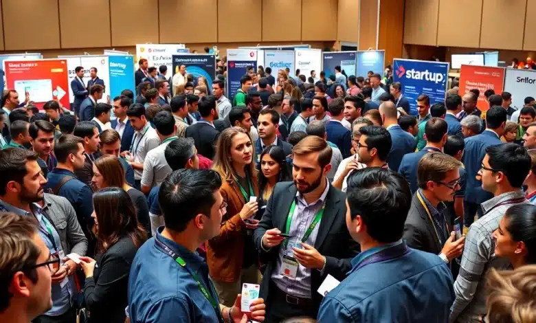 Una sala affollata durante un meet-up per startup con persone di diversi settori discutono animatamente e scambiano biglietti da visita.