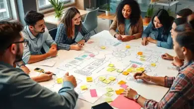 Giovani imprenditori che collaborano e fanno brainstorming intorno a un tavolo con documenti, post-it e una lavagna,