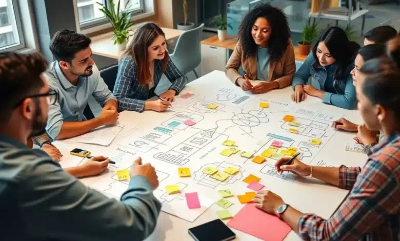Giovani imprenditori che collaborano e fanno brainstorming intorno a un tavolo con documenti, post-it e una lavagna,