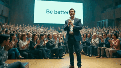 Un coach motivazionale sulla quarantina, con un'espressione sicura di sé, in piedi al centro del palco in un ampio auditorium gremito