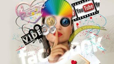 Immagine artistica di giovane donna circondata da colori e loghi di social media