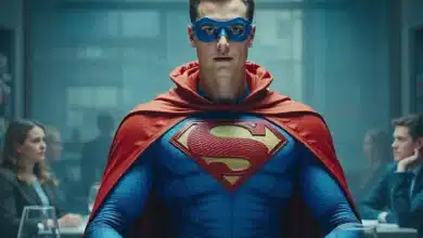 Un supereroe mascherato con un costume rosso e blu presiede a una riunione di business