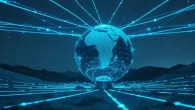 Un globo illuminato da una rete di linee luminose e interconnesse che rappresentano flussi di dati