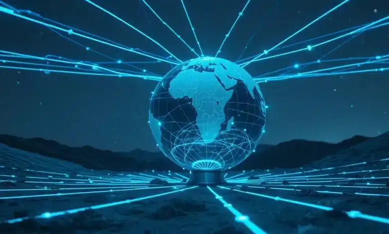 Un globo illuminato da una rete di linee luminose e interconnesse che rappresentano flussi di dati