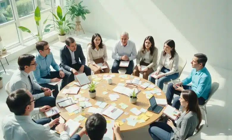 Donne e uomini seduti in cerchio in una luminosa e moderna sala riunioni
