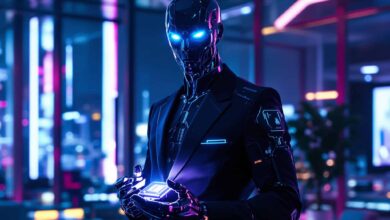 Un imprenditore cyborg vestito in modo elegante, sulla trentina, con una pelle metallica impeccabile e occhi blu neon luminosi.