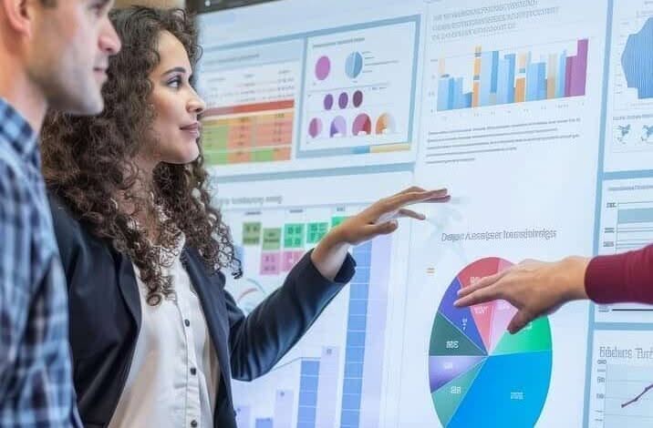 Una donna e un uomo osservano un grosso schermo sul quale vengono proiettati dati e statistiche