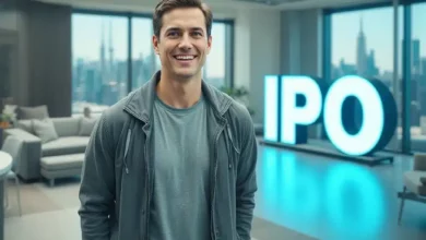 Un giovane imprenditore con un ampio sorriso, posizionato accanto a un grande cartello luminoso con la scritta "IPO"