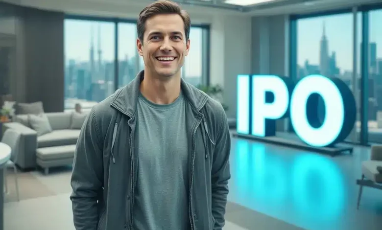 Un giovane imprenditore con un ampio sorriso, posizionato accanto a un grande cartello luminoso con la scritta "IPO"