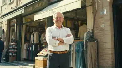 Un sorridente commerciante di fronte al suo negozio di abbigliamento