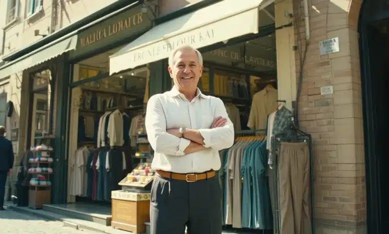 Un sorridente commerciante di fronte al suo negozio di abbigliamento