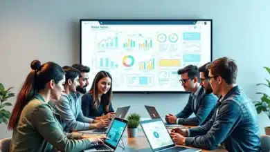 Immagine di un gruppo di giovani imprenditori in un ambiente moderno di startup, che discutono strategie attorno a un tavolo, utilizzando laptop e tablet.