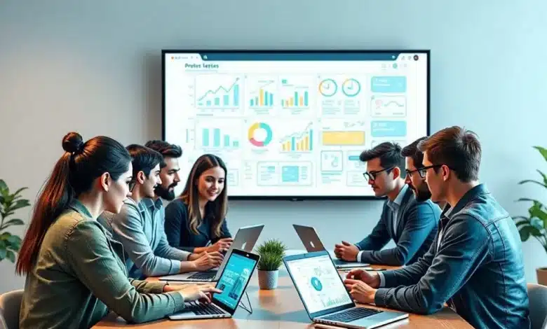 Immagine di un gruppo di giovani imprenditori in un ambiente moderno di startup, che discutono strategie attorno a un tavolo, utilizzando laptop e tablet.