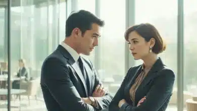 Due giovani manager si guardano con aria di sfida