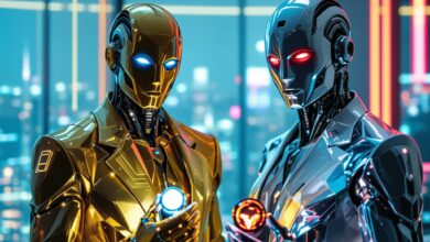 Due diversi imprenditori cyborg sulla trentina, elegantemente vestiti, uno con una pelle metallica impeccabile color oro e occhi blu neon brillanti, l'altro con una pelle impeccabile color argento e occhi rossi neon brillanti.