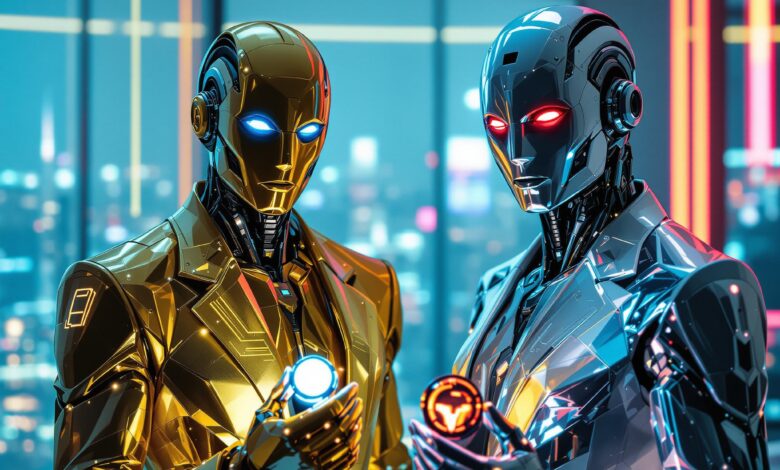 Due diversi imprenditori cyborg sulla trentina, elegantemente vestiti, uno con una pelle metallica impeccabile color oro e occhi blu neon brillanti, l'altro con una pelle impeccabile color argento e occhi rossi neon brillanti.