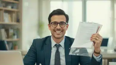 Giovane uomo in completo e cravatta seduto alla scrivania con espressione felice sventola un documento