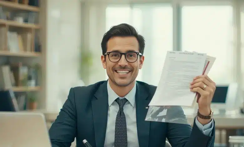 Giovane uomo in completo e cravatta seduto alla scrivania con espressione felice sventola un documento