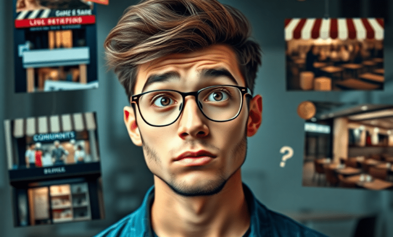 Un giovane imprenditore, che riflette su diverse opportunità commerciali rappresentate da immagini circostanti di vendita al dettaglio, consulenza e ristorazione, circondato da simboli di denaro e un sfondo dinamico e incerto.