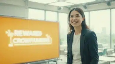 Una giovane imprenditrice dal sorriso ampio, posizionata accanto a un grande cartello luminoso con la scritta "Reward Crowdfunding".