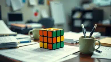 Un cubo di rubick su una scrivania di un impiegato