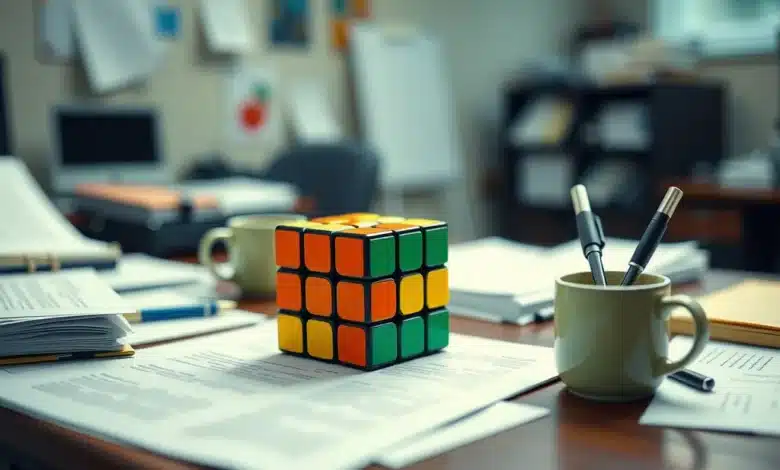 Un cubo di rubick su una scrivania di un impiegato