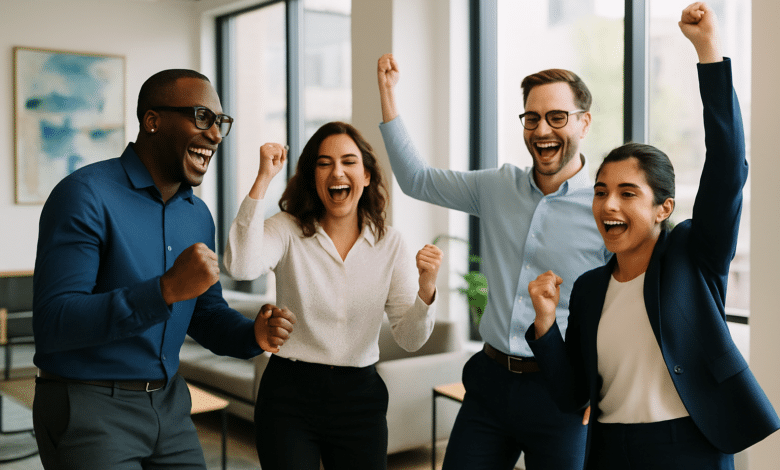Un gruppo eterogeneo di professionisti celebra il lancio di un progetto di successo in un moderno spazio ufficio