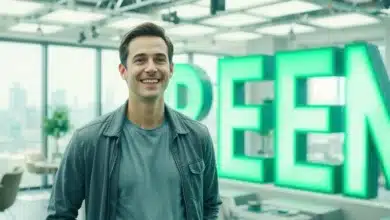 Giovane imprenditore con un ampio sorriso, posizionato accanto a un grande cartello luminoso verde con la scritta "GREEN"