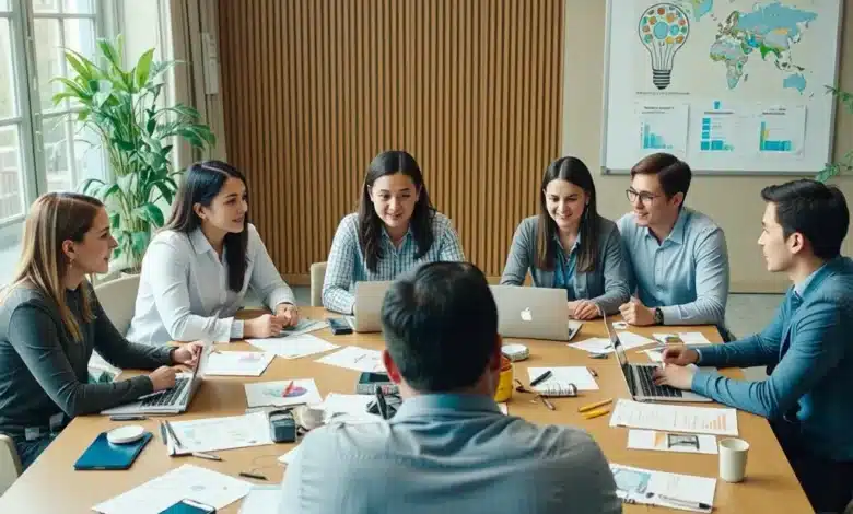 Gruppo di giovani professionisti seduti insieme in un ufficio moderno mentre discutono e condividono idee