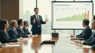 Un gruppo di persone in abiti formali seduto attorno a un tavolo da riunione mentre il manager, in piedi accanto a uno schermo, presenta il valore stimato dell’azienda con grafici e spiegazioni.