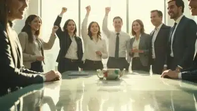 Diversi imprenditori di vari settori festeggiano una vendita di azioni di successo, immortalati in un moderno ambiente d'ufficio