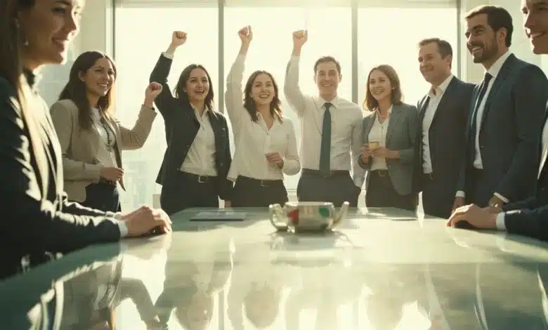 Diversi imprenditori di vari settori festeggiano una vendita di azioni di successo, immortalati in un moderno ambiente d'ufficio
